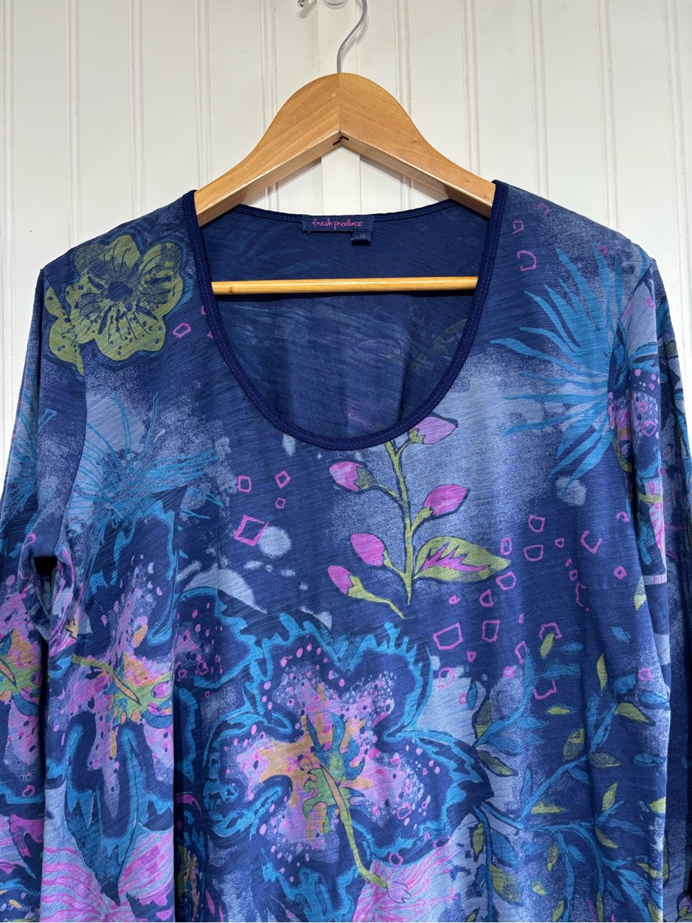 Fresh Produce Floral Tunic Top Blue 3/4 Sleeve Cotton Size Large Artsy - Picture 3 of 16
